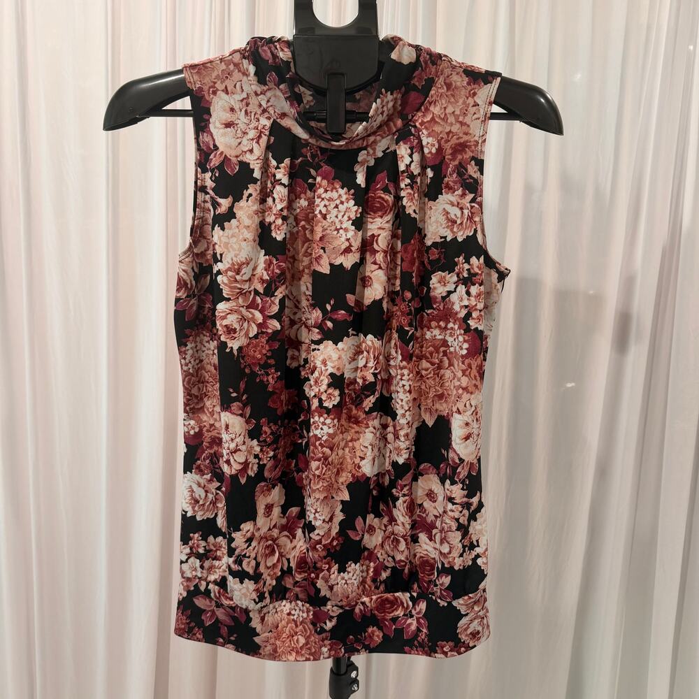 Perseption Concept Women's Medium Black Floral Sleeveless Cowl Neck Blouse Top
